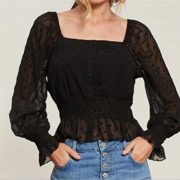 Lucy Paris Black Sheer Polka dot Cropped Long Sleeve Mock Button Down Blouse - Picture 1 of 4